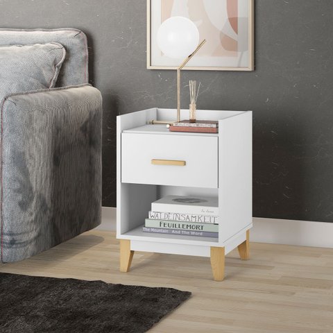 Mesa de Cabeceira 40 X 56 X 38 Cm 1 Gaveta 1 Nicho Pés Madeira Mdp Branco - Clicklar