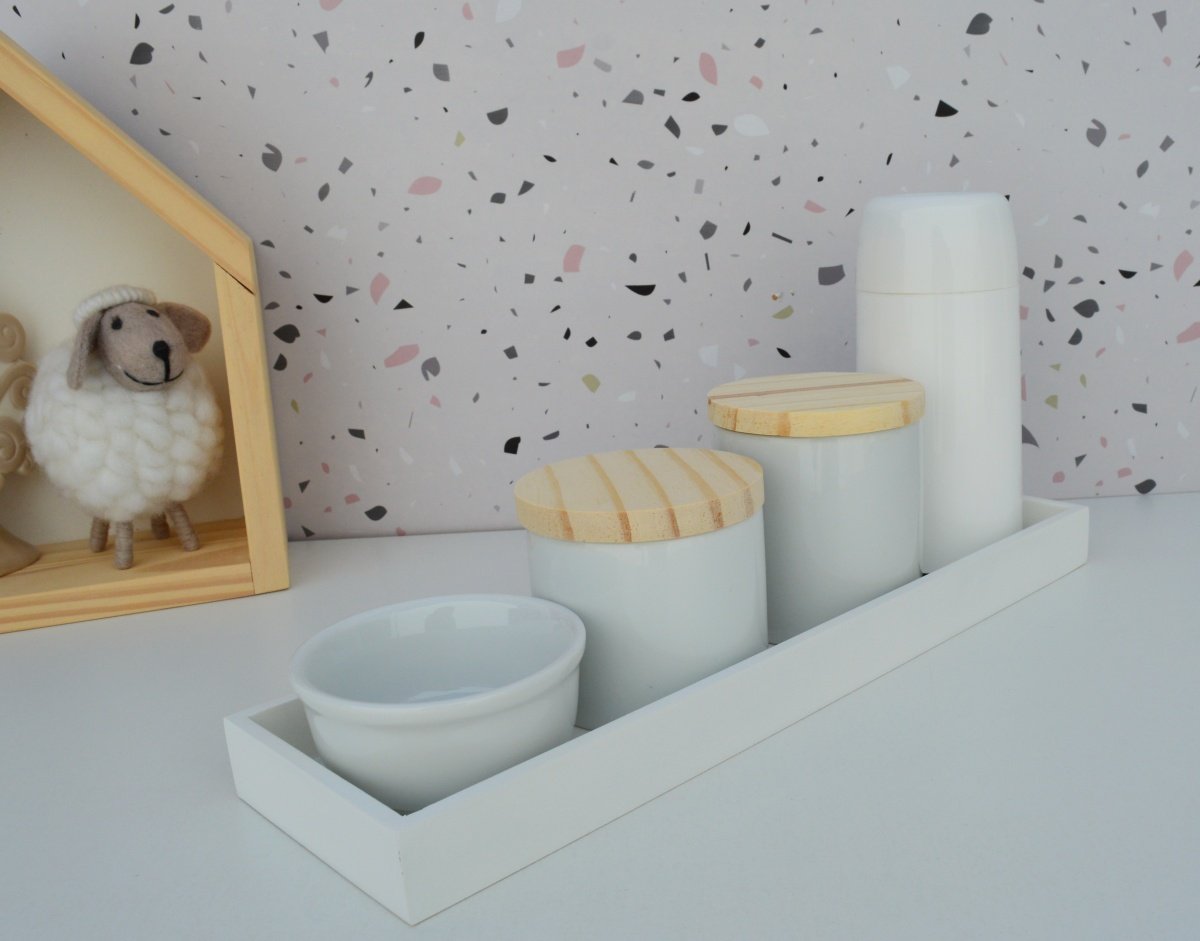 Kit Higiene Bebê Moderno Porcelanas Bandeja Mdf Térmica K013 - Branco - 1