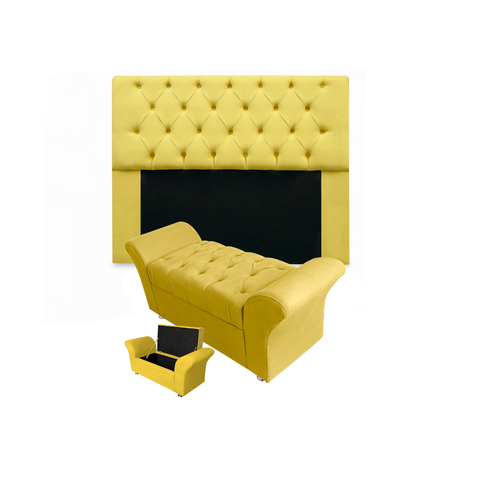Jogo Cabeceira Mirage e Calçadeira Baú Veneza Solteiro 90 cm Suede Amarelo - LM DECOR