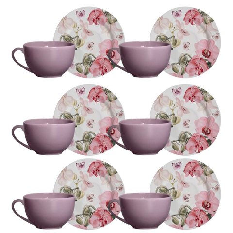 Conjunto de 6 Xícaras de Chá com Pires Encanto Malva - 200ml
