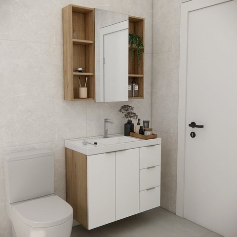 Conjunto de Banheiro sem Cuba 80cm Vittare Marrom/Carvalho/Branco