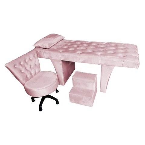 Kit Maca Estética Capitonê com Mocho e Escadinha Preto Slk Decor Reta Rosa Claro
