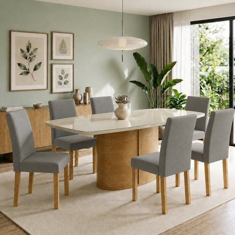 Conjunto de Jantar 6 Lugares com Mesa 180x90cm e Cadeiras Estofadas Cinamomo Cinza