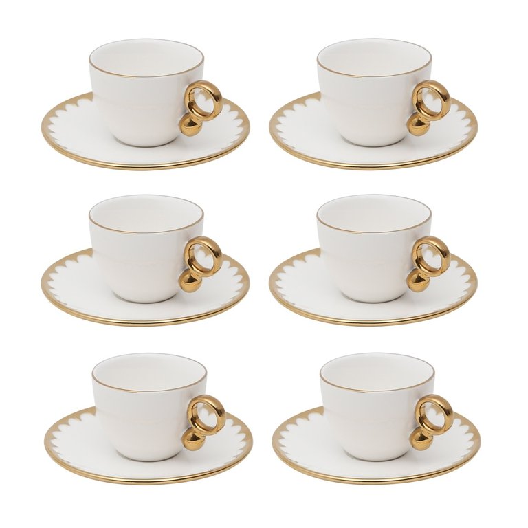 Cj 6 Xícaras P/café C/pires Porcelana Egg Branco/dourado 90ml Wolff
