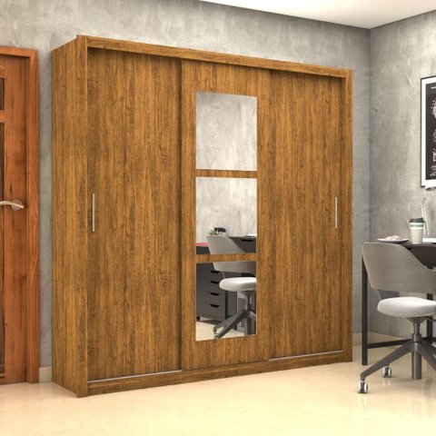 Guarda-Roupa Casal com Espelhos 3 Portas de Correr e 4 Gavetas 186cm Multimóveis CR35572 Madeirado