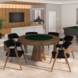 Conjunto Mesa de Jogos Carteado Bellagio Tampo Reversível e 6 Cadeiras Madeira Poker Base Cone Velud
