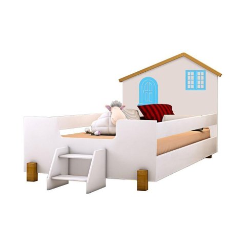Cama Infantil Casinha Branco Mel e Azul com 2 Luminárias