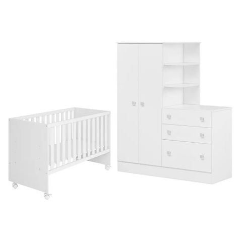 Jogo de Quarto Infantil Guardo Roupa Cômoda e Berço Doce Sonho Qmovi:Branco