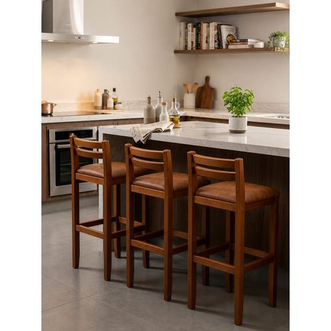 Kit 3 Banqueta Madeira em Courino Marrom 77cm