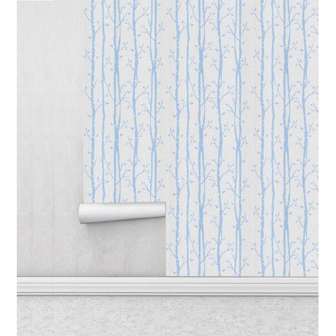 Papel De Parede Para Sala Quarto Modelo Nature Cinza Com Galhos Azul