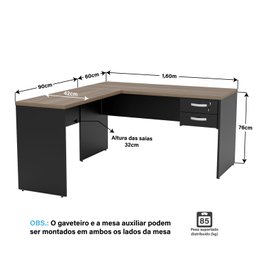 Mesa de Escritório em L 1.60x1.50 com Gavetas Tpo 30mm Nogal - 4