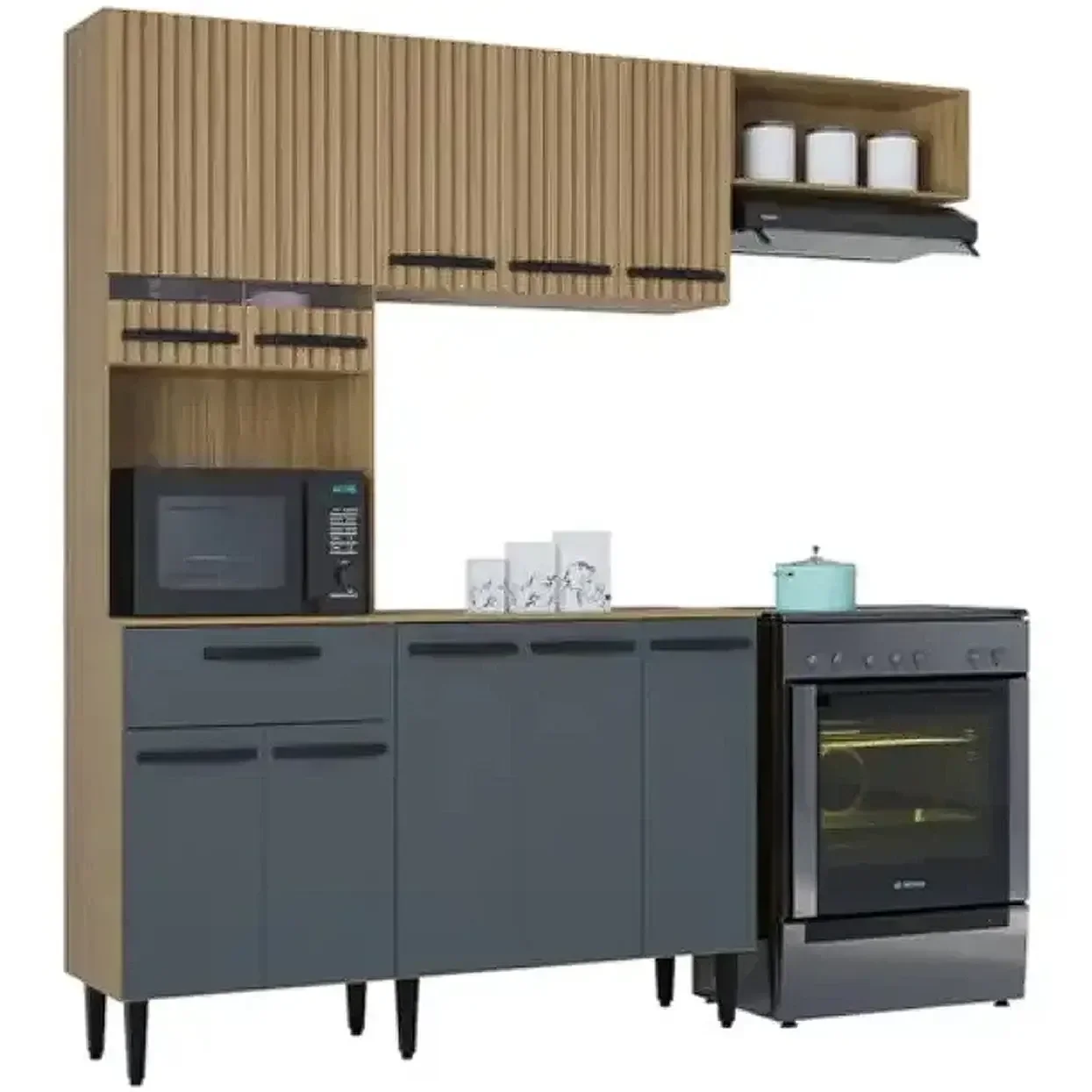 Ver imagem 1 de Cozinha Dora Completa 4 Peças 10 Portas 1 Gaveta Poquema Cor Damasco Off White Ripado 3d