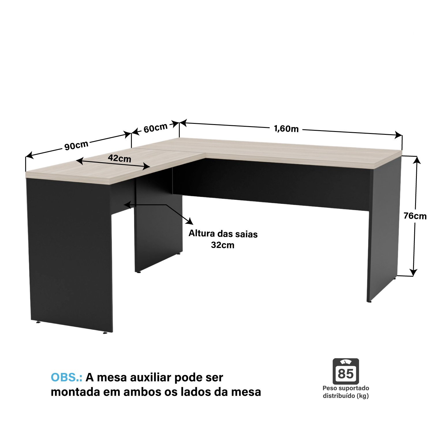 Mesa de Canto em L para Escritório 1.60x1.50 Tpo 30mm Carvalho - 3