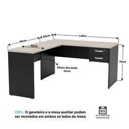 Mesa de Escritório em L 1.60x1.50 com Gavetas Tpo 30mm Carvalho - 4