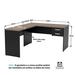 Mesa de Canto em L para Escritório 1.40x1.50 com Gavetas Nogal - 4