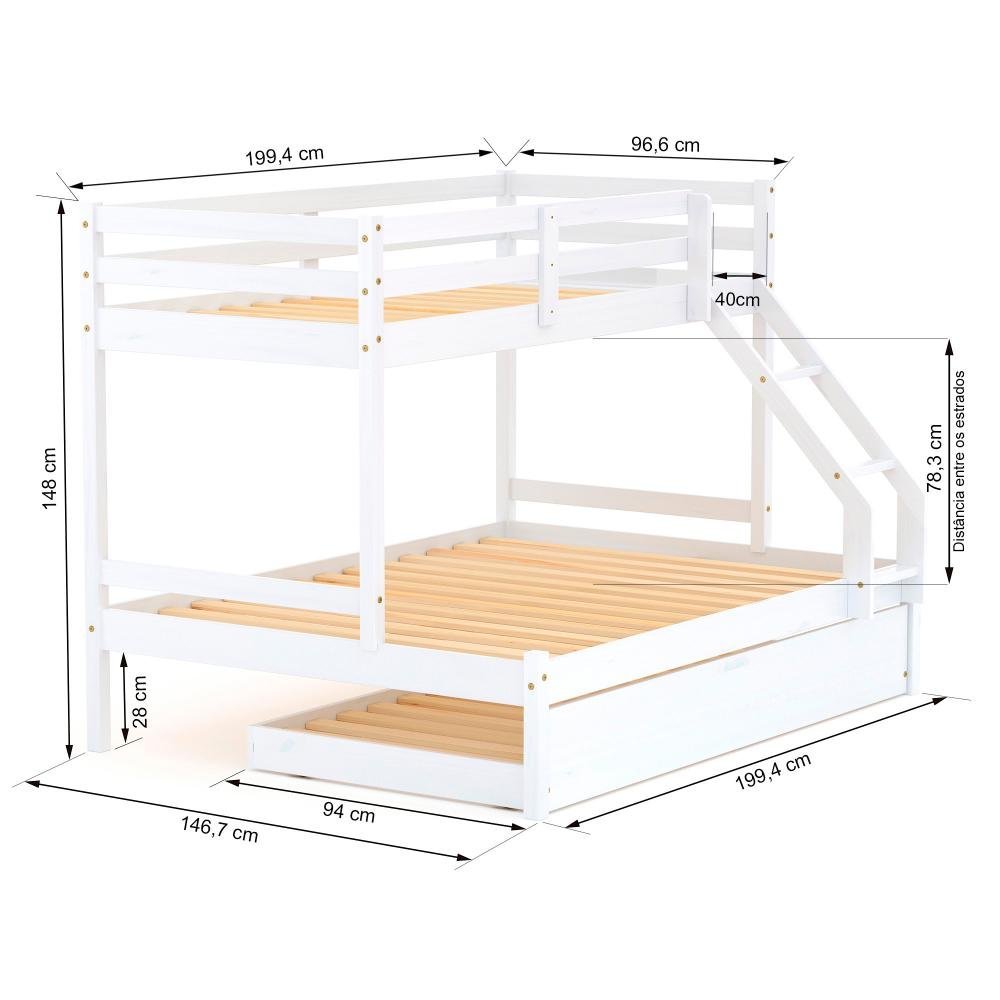 Treliche com Cama Casal Eco Madeira Maciça Branco Mobilistore - 3