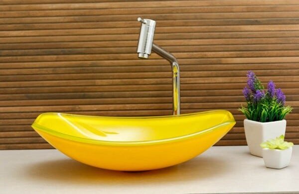 Kit Banheiro Cuba de Vidro Chanfrada + Torneira Link + Válvula - Amarelo - 2