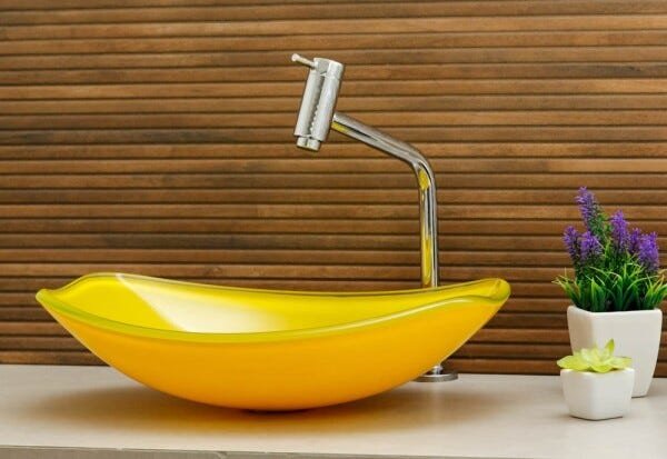 Kit Banheiro Cuba de Vidro Chanfrada + Torneira Link + Válvula - Amarelo - 1