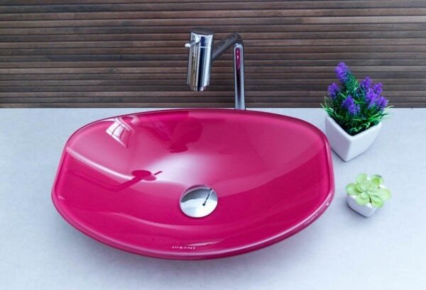 Kit Banheiro Cuba de Vidro Chanfrada + Torneira Link + Válvula - Rosa - 3