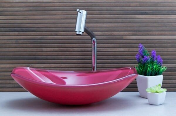 Kit Banheiro Cuba de Vidro Chanfrada + Torneira Link + Válvula - Rosa - 2