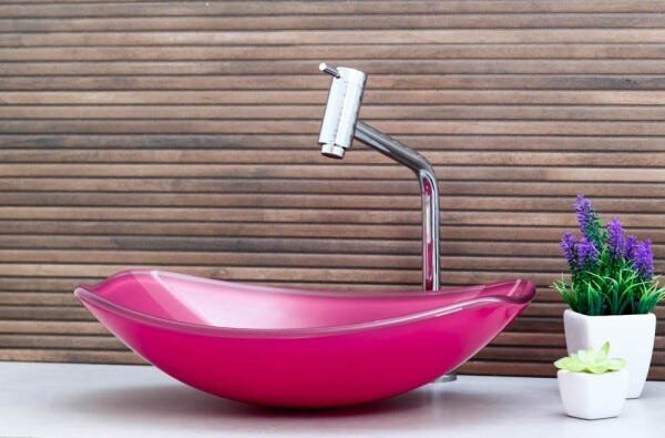 Kit Banheiro Cuba de Vidro Chanfrada + Torneira Link + Válvula - Rosa - 1