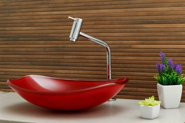 Kit Banheiro Cuba de Vidro Chanfrada + Torneira Link + Válvula - Vermelho - 1