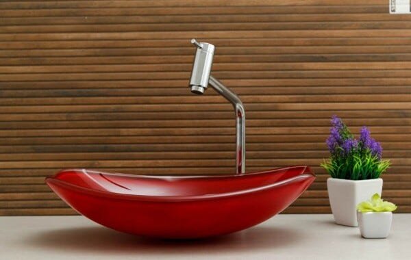 Kit Banheiro Cuba de Vidro Chanfrada + Torneira Link + Válvula - Vermelho - 2