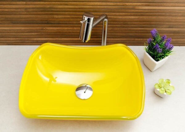 Kit Banheiro Cuba de Vidro Abaulada + Torneira Link + Válvula - Amarelo - 3