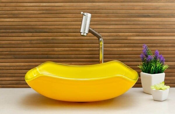 Kit Banheiro Cuba de Vidro Abaulada + Torneira Link + Válvula - Amarelo - 2