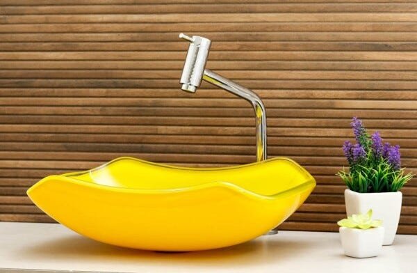 Kit Banheiro Cuba de Vidro Abaulada + Torneira Link + Válvula - Amarelo - 1