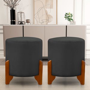 Kit 2 Puff Redondo Veludo com Pés em Madeira Maciça Decorativo Sala Quarto - Cinza