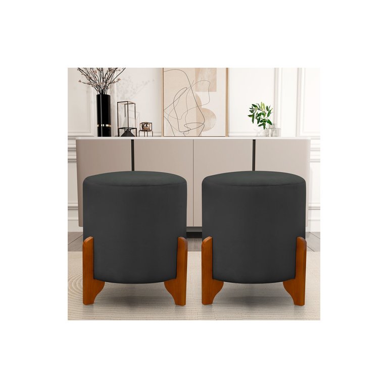Kit 2 Puff Redondo Veludo com Pés em Madeira Maciça Decorativo Sala Quarto - Cinza