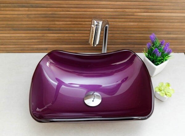 Kit Banheiro Cuba de Vidro Abaulada + Torneira Link + Válvula - Roxo - 3