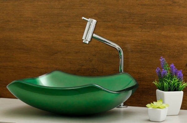 Kit Banheiro Cuba de Vidro Abaulada + Torneira Link + Válvula - Verde - 1
