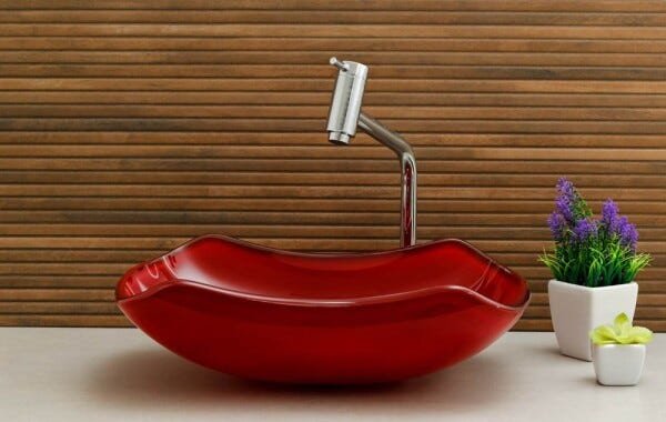 Kit Banheiro Cuba de Vidro Abaulada + Torneira Link + Válvula - Vermelho - 1