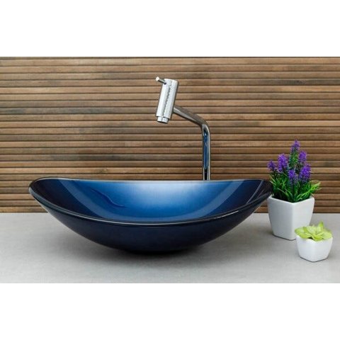 Kit Banheiro Cuba de Vidro Oval + Torneira Link + Válvula - Azul Marine
