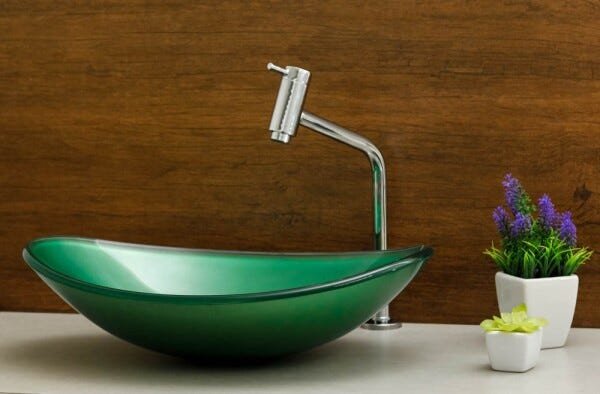 Kit Banheiro Cuba de Vidro Oval + Torneira Link + Válvula - Verde - 1