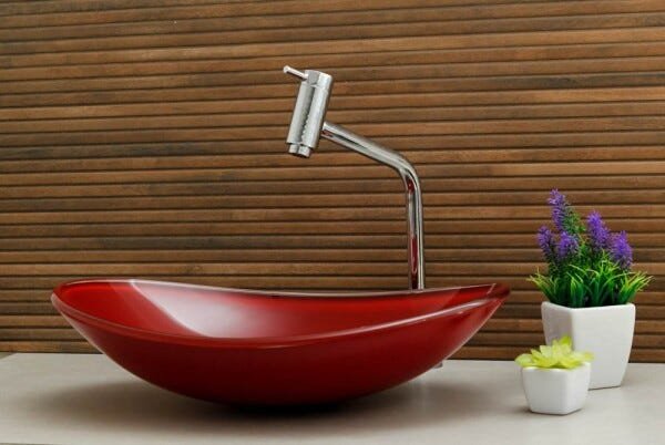 Kit Banheiro Cuba de Vidro Oval + Torneira Link + Válvula - Vermelho - 1