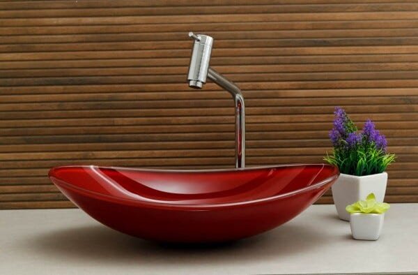 Kit Banheiro Cuba de Vidro Oval + Torneira Link + Válvula - Vermelho - 2