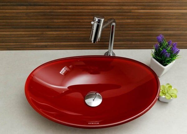Kit Banheiro Cuba de Vidro Oval + Torneira Link + Válvula - Vermelho - 3
