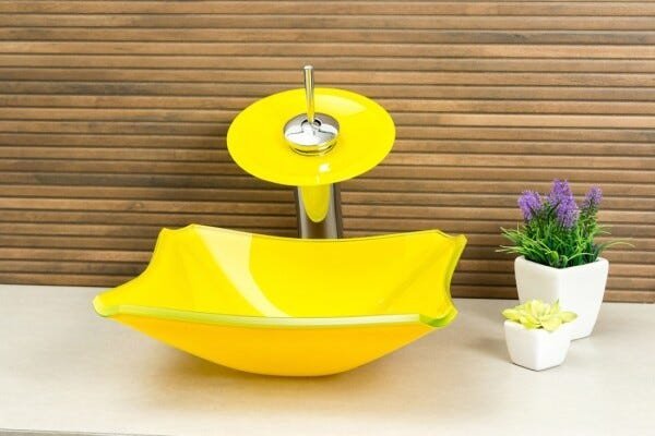 Kit Banheiro Cuba de Vidro Retrô 30 cm + Torneira Cascata + Válvula - Amarelo - 2