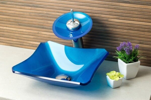 Kit Banheiro Cuba de Vidro Retrô 30 cm + Torneira Cascata + Válvula - Azul Matisse - 1