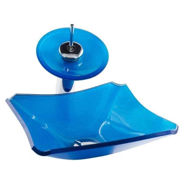 Kit Banheiro Cuba de Vidro Retrô 30 cm + Torneira Cascata + Válvula - Azul Matisse - 3