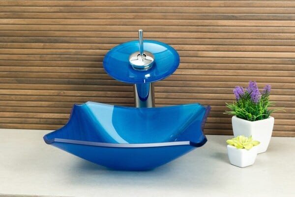Kit Banheiro Cuba de Vidro Retrô 30 cm + Torneira Cascata + Válvula - Azul Matisse - 2