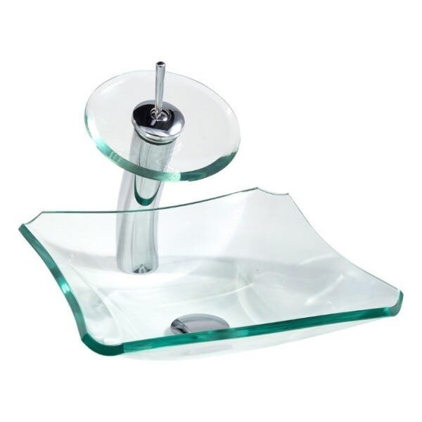 Kit Banheiro Cuba de Vidro Retrô 30 cm + Torneira Cascata + Válvula - Incolor - 3
