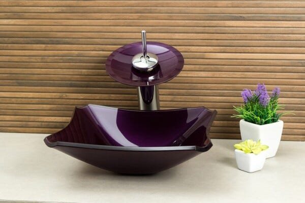 Kit Banheiro Cuba de Vidro Retrô 30 cm + Torneira Cascata + Válvula - Roxo - 2
