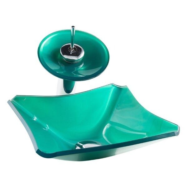 Kit Banheiro Cuba de Vidro Retrô 30 cm + Torneira Cascata + Válvula - Verde - 3