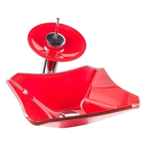 Kit Banheiro Cuba de Vidro Retrô 30 cm + Torneira Cascata + Válvula - Vermelho - 3