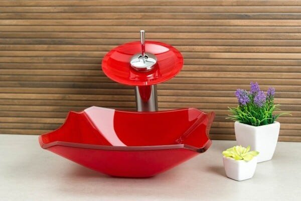 Kit Banheiro Cuba de Vidro Retrô 30 cm + Torneira Cascata + Válvula - Vermelho - 2