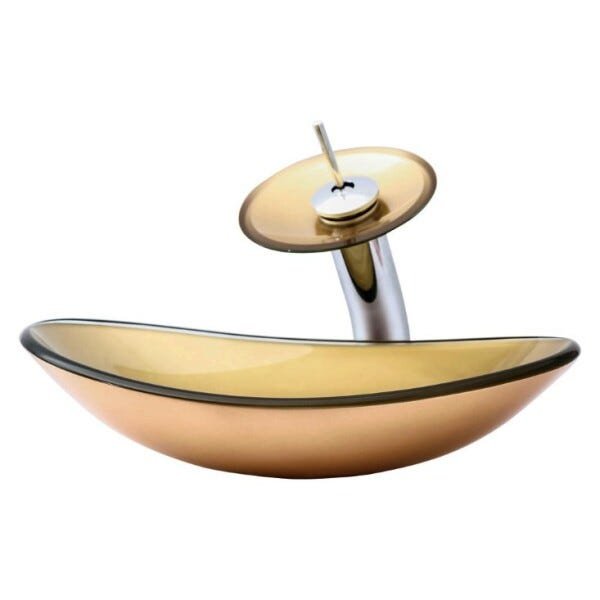 Kit Banheiro Cuba de Vidro Oval + Torneira Cascata + Válvula Click - Dourado - 4
